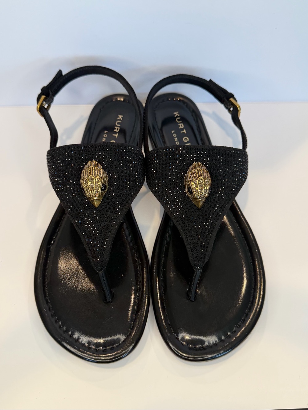 Kurt Geiger Black Embellished Flat Slingback Sandals with Gold Accents